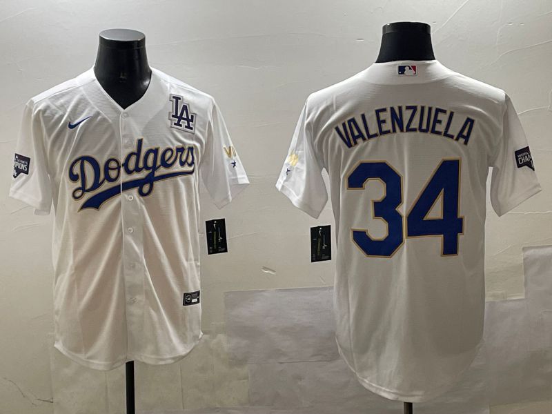 Men Los Angeles Dodgers #34 Valenzuela White blue Gold Game 2025 Nike MLB Jersey style 10